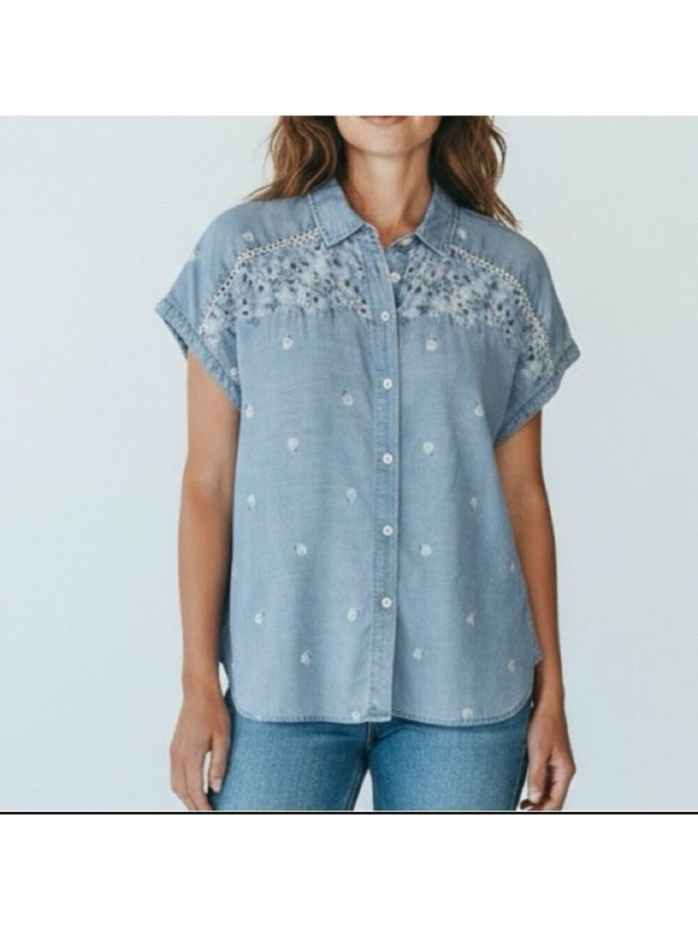 J.Jill Demin Women’s Cap Sleeve Blouse Size M Oversized Button Up